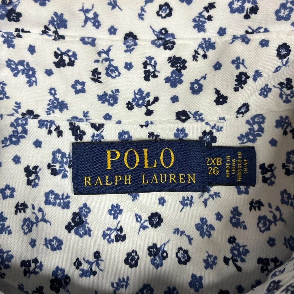Polo Ralph Lauren Polo Shirt White Blue Floral Print Preppy Men 2XB Big Cotton